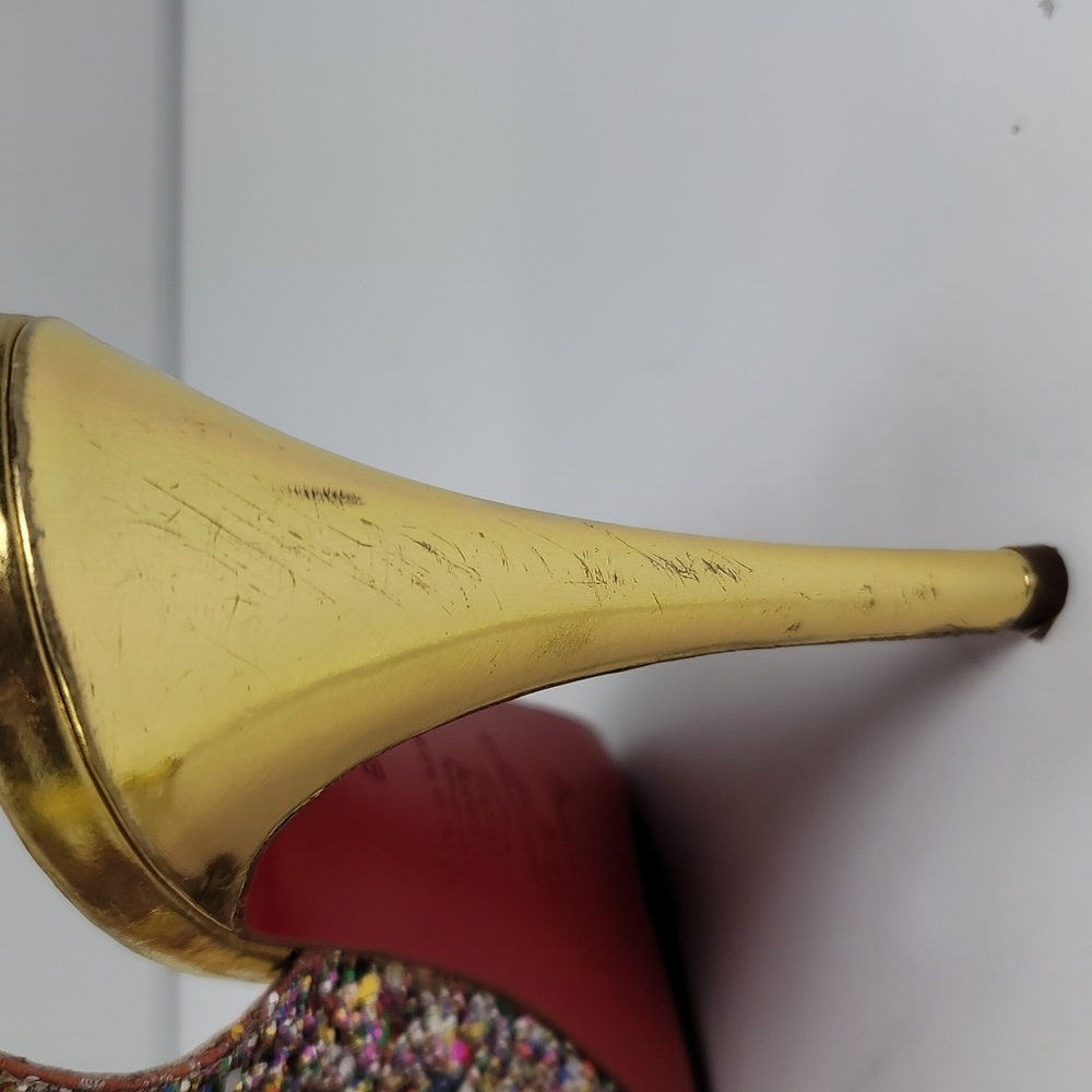 CHRISTIAN LOUBOUTIN Gold Glitter N Prive Peep-Toe Slingback 4.5" Heels / Size 38 - Picture 11 of 11